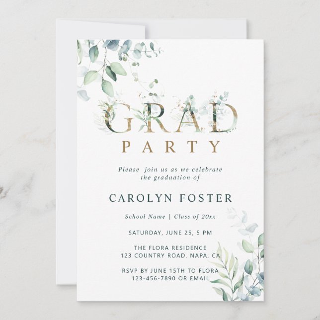 Gold Botanical Letter Graduation Party Photo Invitation (Front)