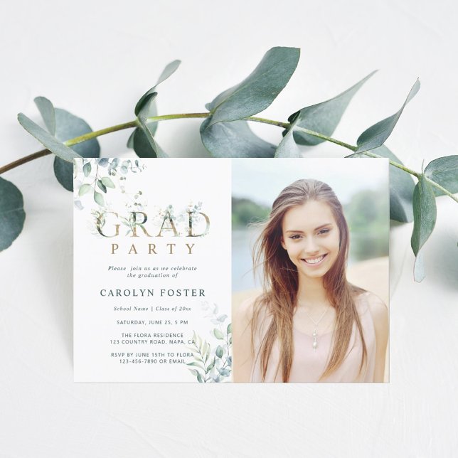 Gold Botanical Letter Graduation Party Photo Invitation (Creator Uploaded)