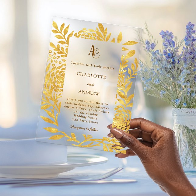 Gold botanical monogram clear luxury wedding acrylic invitations (Creator Uploaded)