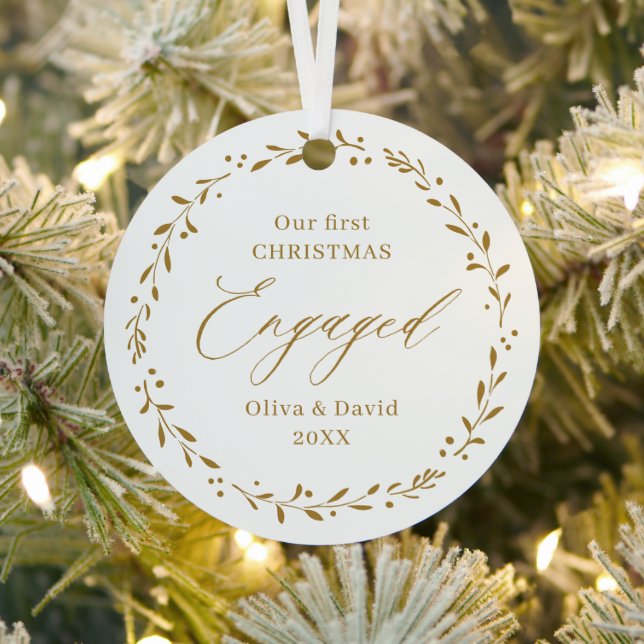 Gold Botanical Our First Christmas Engaged Metal Tree Decoration (Insitu)