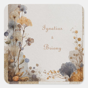 Gold Botanical Patchwork Dusty Blue Folk Wedding Square Sticker