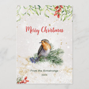 Gold Botanical Watercolor Robin Bird Christmas Holiday Card