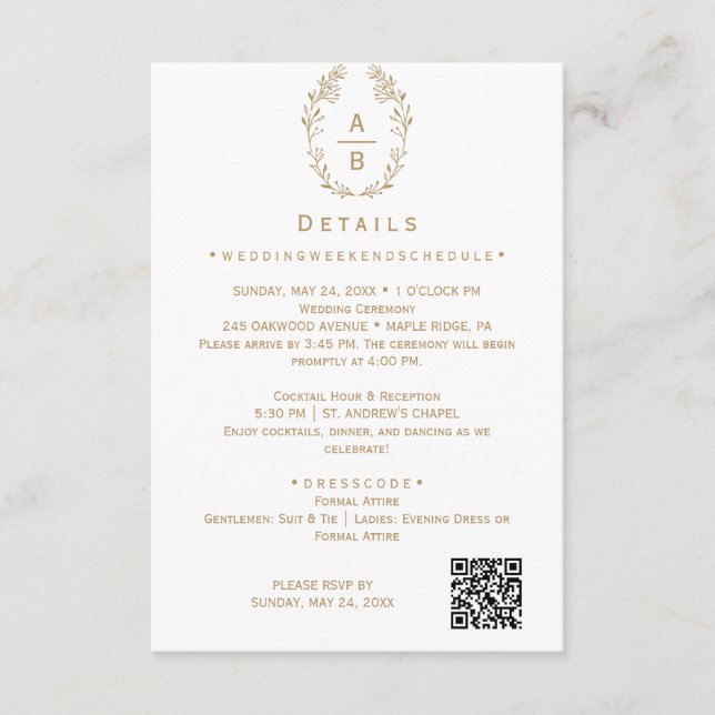 Gold Botanical Wedding Details Card (Front)