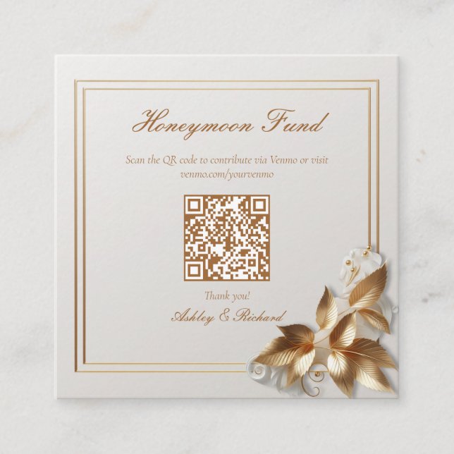 Gold Botanical Wedding Honeymoon Fund QR Code Enclosure Card (Front)