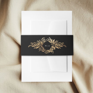 gold botanical wreath tuxedo monogram wedding invitation belly band