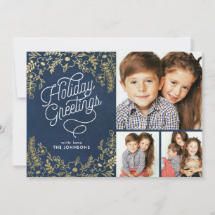 Gold Botanicals Holiday Greetings 3 Photo Card