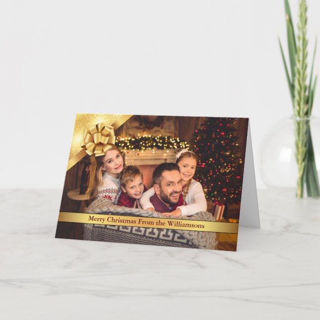 Gold Bow and Ribbon Merry Christmas Photo Holiday Card (Front)