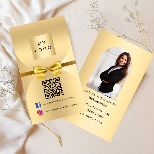 Gold bow arch photo Qr social media Business Card (Creator Uploaded)