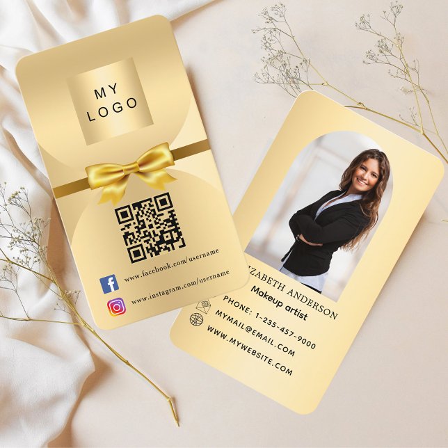 Gold bow arch photo Qr social media Business Card (Creator Uploaded)