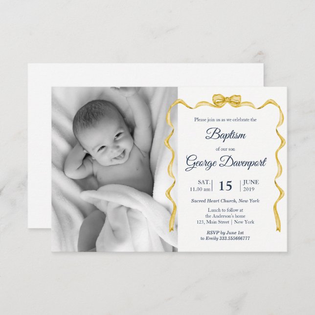 Gold Bow Baptism Religious event custom photo Invitation (Front/Back)