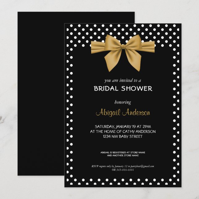 Gold Bow Black and White Polka Dots Bridal Shower  Invitation (Front/Back)