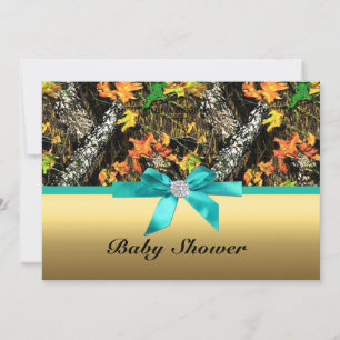 Gold Bow Camo Baby Shower Party Invitation