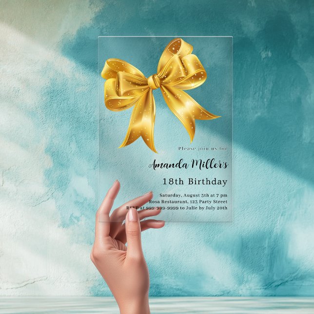 Gold bow clear birthday acrylic invitations (Creator Uploaded)
