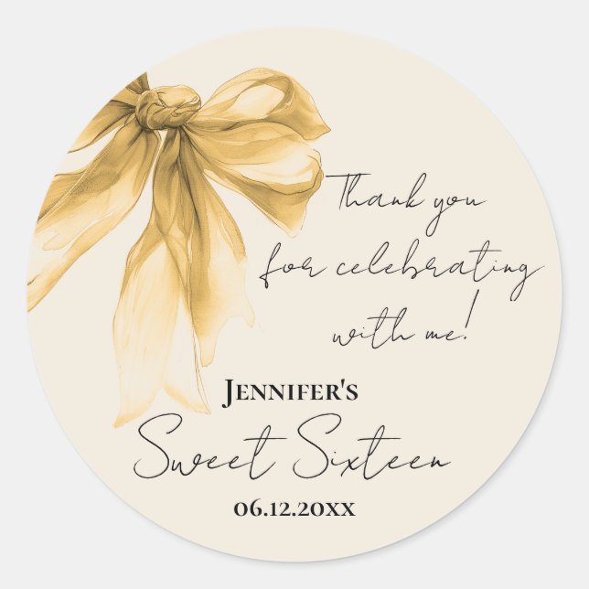 Gold Bow Coquette Script Sweet 16 Thank You  Classic Round Sticker (Front)