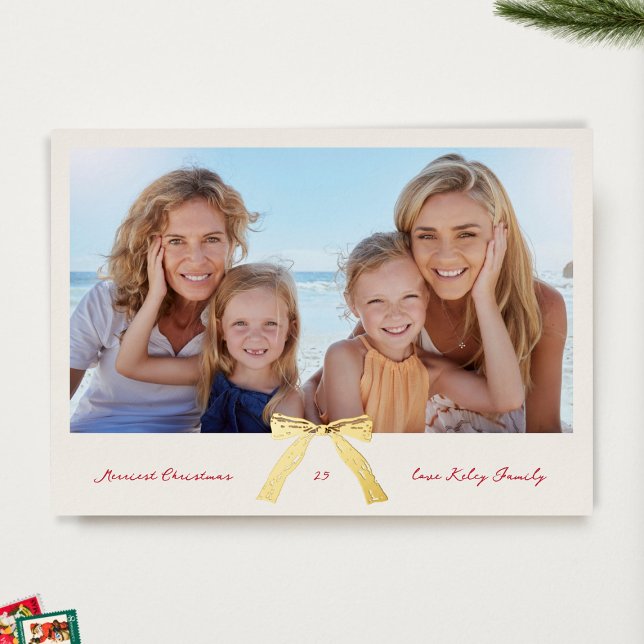 gold bow cream merriest christmas photo foil foil holiday card (Creator Uploaded)
