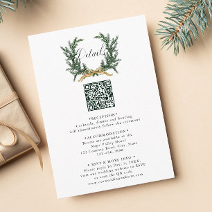 Gold Bow & Evergreen Pine Wreath Wedding Details Enclosure Card