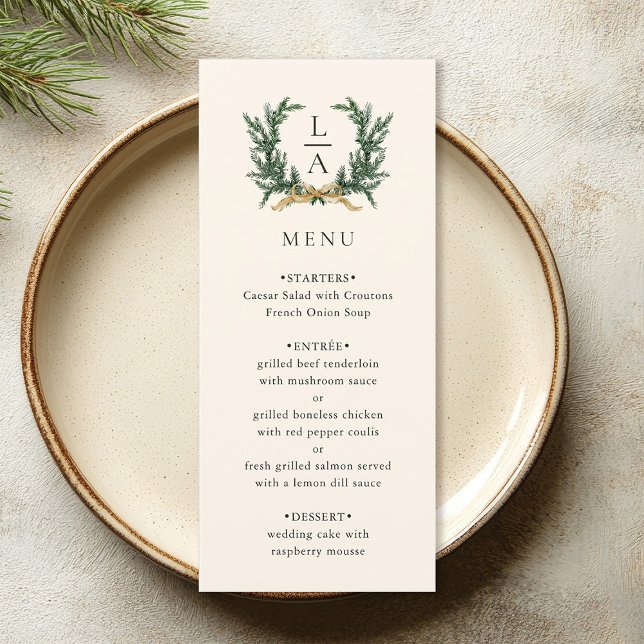 Gold Bow & Evergreen Wreath Ivory Wedding Menu (Creator Uploaded)