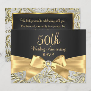 Gold Bow & Floral Swirl 50th Anniversary RSVP Invitation