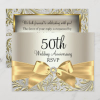 Gold Bow & Floral Swirl 50th Anniversary RSVP