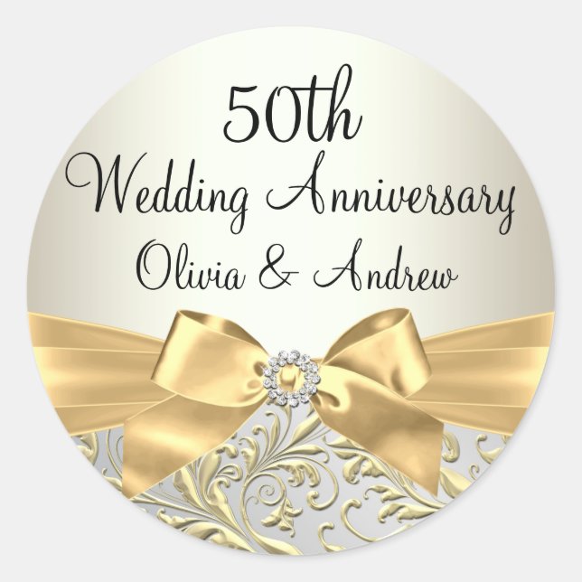 Gold Bow & Floral Swirl 50th Anniversary Sticker (Front)