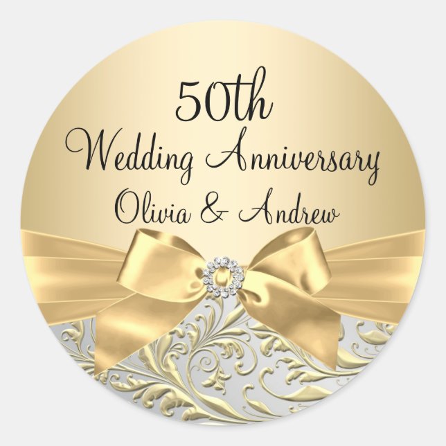 Gold Bow Floral Swirl 50th Anniversary Sticker (Front)