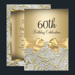 Gold Bow Floral Swirl 60th Birthday Party Invitation<br><div class="desc">Elegant Gold Bow Floral Swirl 60th Birthday Party Invitation. Elegant gold diamond bow & floral swirl design. Please note: All flat images! They do not have real jewels!</div>