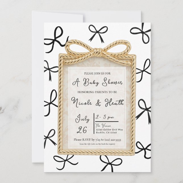 Gold Bow Frame & Little Black Bows Baby Shower  Invitation (Front)