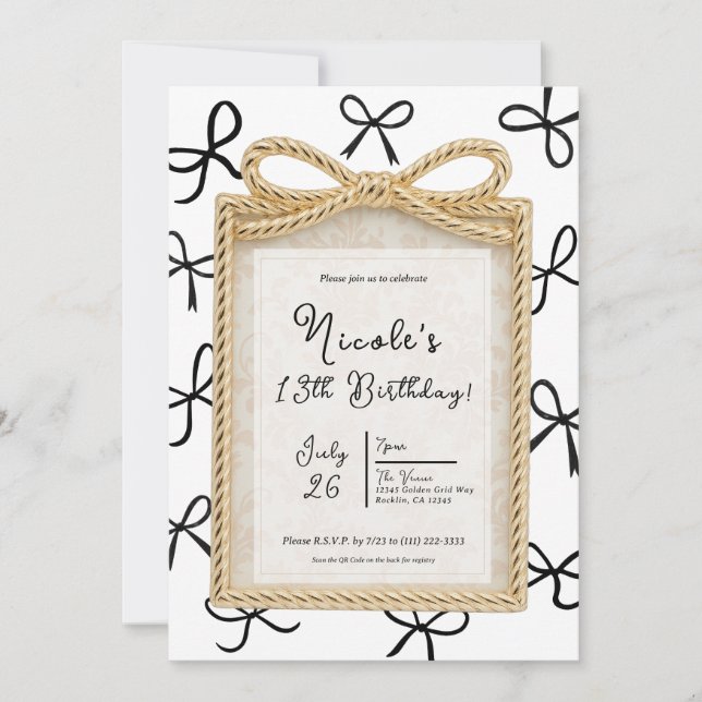 Gold Bow Frame & Little Black Bows Birthday Invitation (Front)