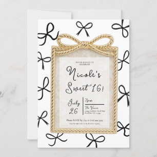 Gold Bow Frame & Little Black Bows Sweet 16 Photo  Invitation