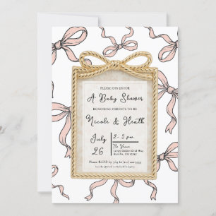 Gold Bow Frame Pink Ribbon Bow Baby Shower Invitation