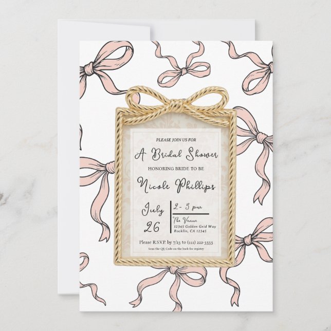 Gold Bow Frame Pink Ribbon Bow Bridal Shower  Invitation (Front)
