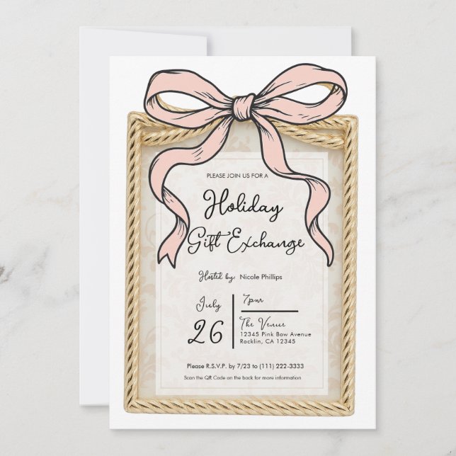 Gold Bow Frame Pink Ribbon Bow Holiday Gift Invitation (Front)