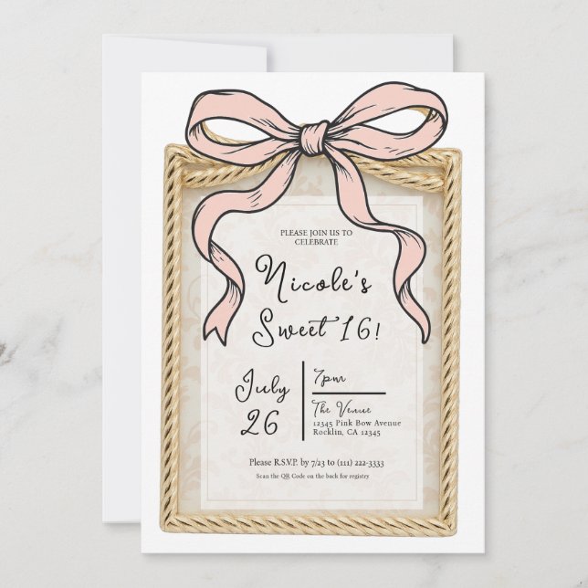 Gold Bow Frame Pink Ribbon Bow Sweet 16 Photo  Invitation (Front)