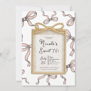 Gold Bow Frame Pink Ribbon Bow Sweet 16 Photo  Invitation