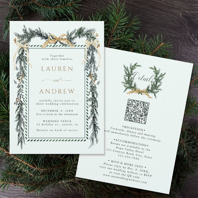 Gold Bow & Green Garland Wedding All in One Mint Invitation (Front & Back)