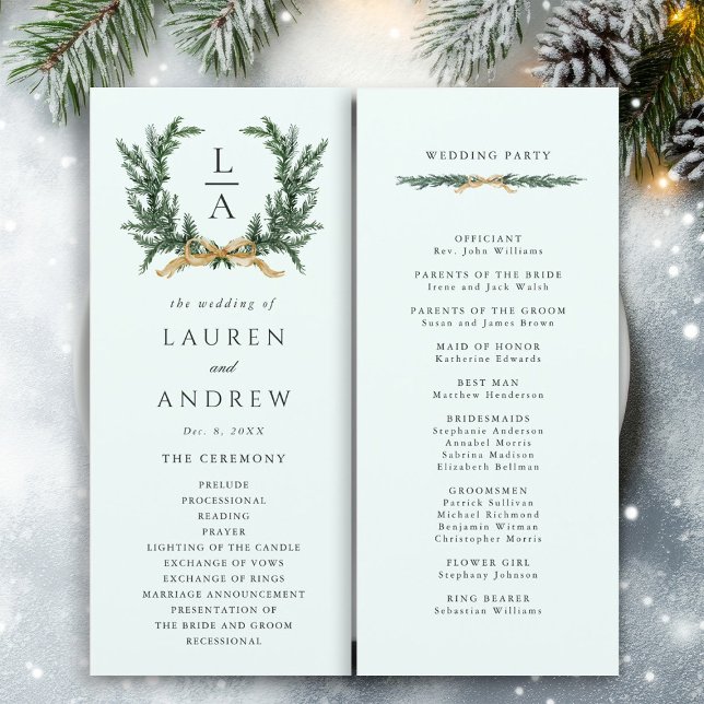 Gold Bow & Green Garland Wedding Ceremony Mint Programme (Front & Back)