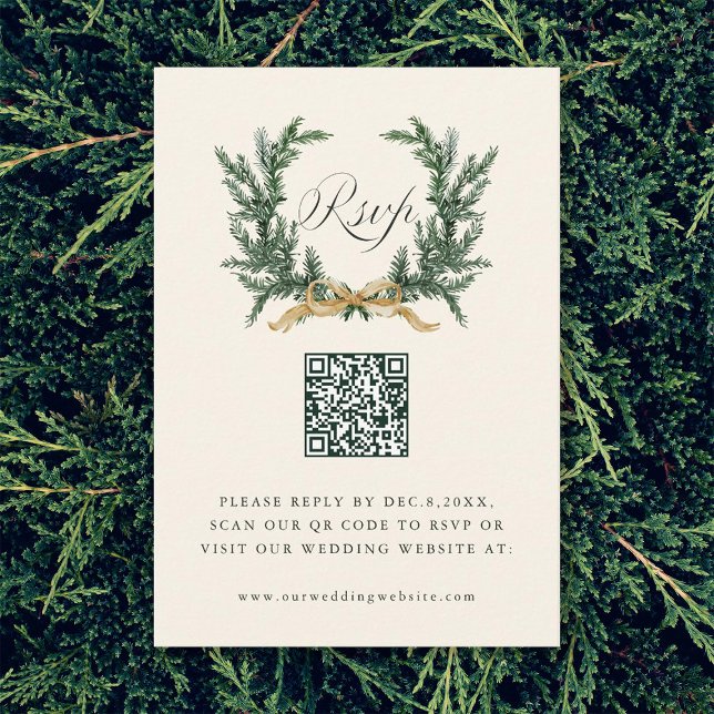 Gold Bow & Green Pine Wreath Wedding QR Code Ivory RSVP Card (Creator Uploaded)