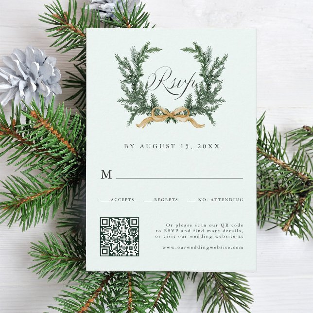 Gold Bow & Green Pine Wreath Wedding QR Code Mint RSVP Card (Creator Uploaded)