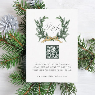Gold Bow & Green Pine Wreath Wedding QR Code RSVP Card