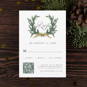 Gold Bow & Green Pine Wreath Wedding QR Code RSVP Card