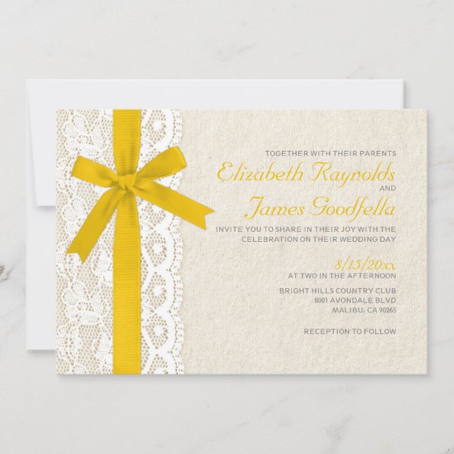 Gold Bow & Lace Wedding Invitations (Front)