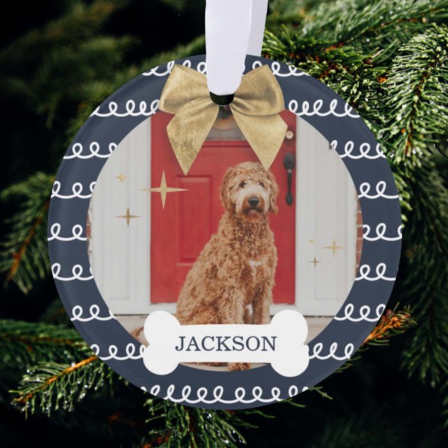 Gold Bow Navy & White Swirl Pattern Dog Bone Photo Ornament (Creator Uploaded)