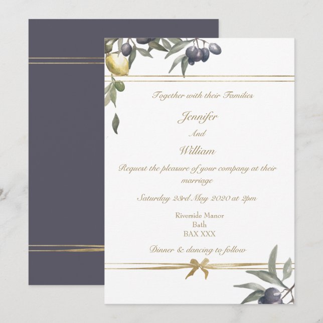 Gold Bow Olives & Lemons Invitation (Front/Back)