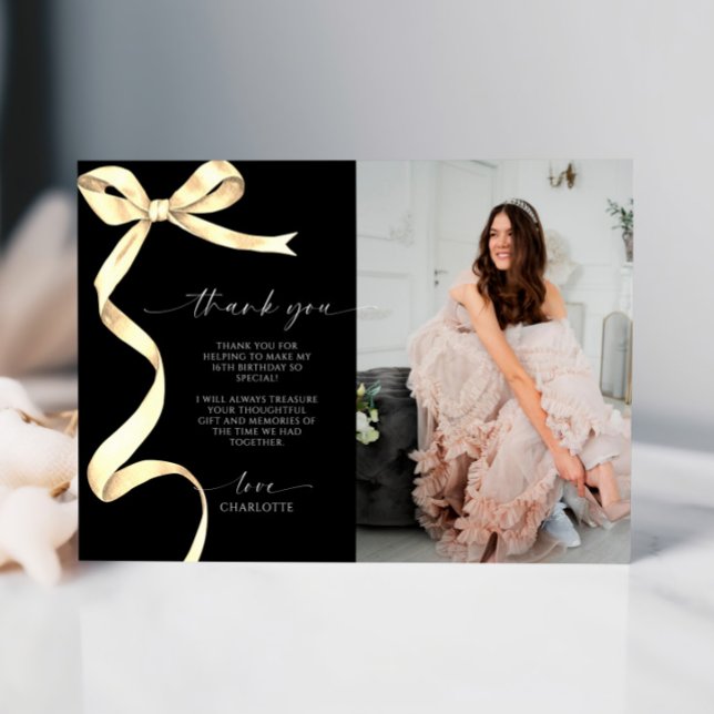 Gold Bow Photo Thank You Note Card (Creator Uploaded)
