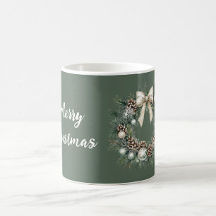 Gold Bow Pine Cones Ornaments Wreath Christmas Coffee Mug