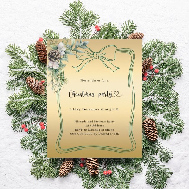 Gold bow pine greenery Christmas Party invitation (Creator Uploaded)