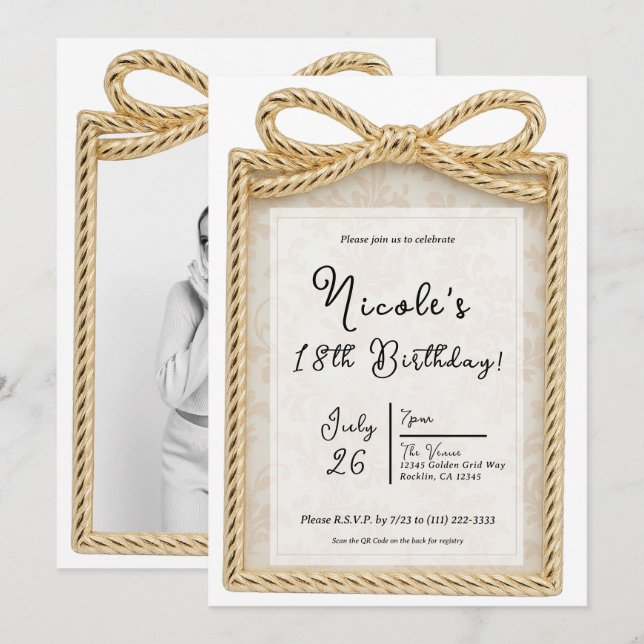 Gold Bow Present Gift Photo Frame Birthday Party Invitation (Front/Back)