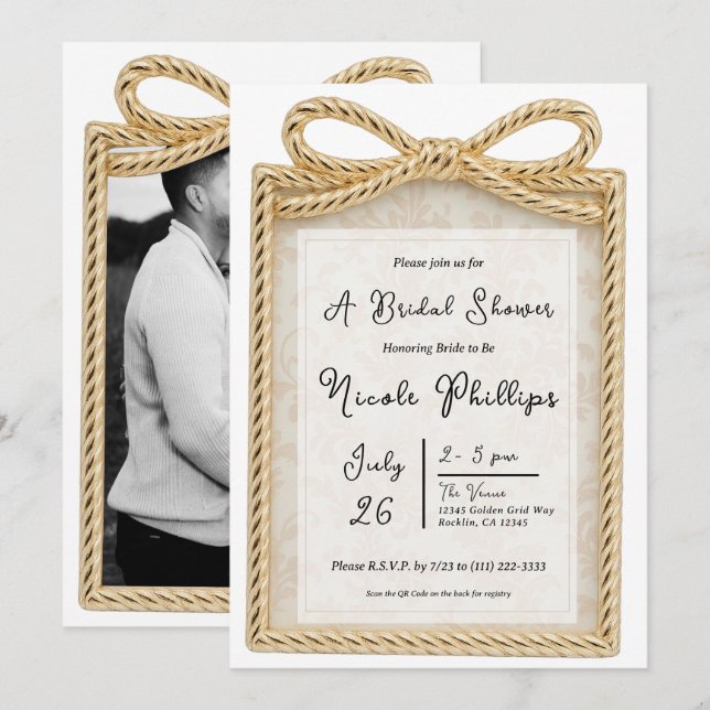 Gold Bow Present Gift Photo Frame Bridal Shower  Invitation (Front/Back)