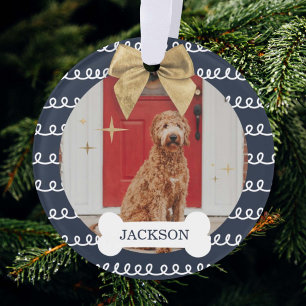 Gold Bow Red & White Swirl Pattern Dog Bone Photo Ornament