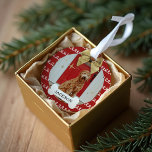 Gold Bow Red & White Swirl Pattern Dog Bone Photo Ornament<br><div class="desc">Fun and festive pet photo ornament. Our design features a fund white and red swirl pattern background. **Note background colour can be changed to any colour ** Customise with your pet's photo and name placed on the white done bone. A Beautiful faux golden bow is added to the top of...</div>